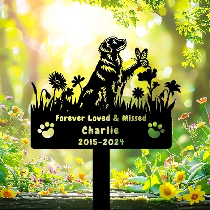 Custom Golden Retriever Dog Memorial Grave Marker,Personalized Metal Flora Dog Memorial Stake,Dog Memorial Plaque Burial Stake Engraved Sign,Sympathy Grave Stake for Lost Dog,Dog Headstone