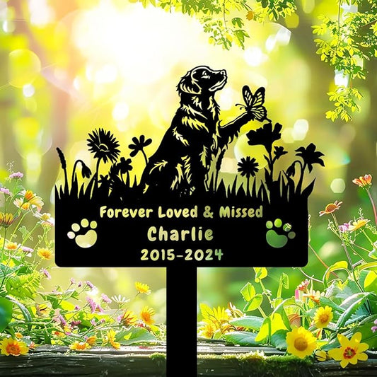 Custom Golden Retriever Dog Memorial Grave Marker,Personalized Metal Flora Dog Memorial Stake,Dog Memorial Plaque Burial Stake Engraved Sign,Sympathy Grave Stake for Lost Dog,Dog Headstone