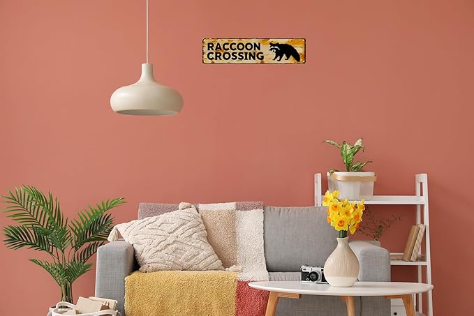 WSUPBPR Funny Metal Sign Decor Raccoon Crossing Road Signs Warning Sign Outdoors Wall Fence Forest Decor coffee Bar Art 16x4 in