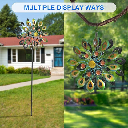 DIBIEECN 78 Inch Big Peacock Kinetic Wind Spinners with Garden Stake, Metal Sculpture Decorations, Outdoor Windmill, Dual Direction for Yard Art, Lawn Decor, Idea Gifts