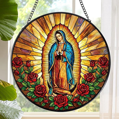 Rngmsi Virgen De Guadalupe Stained Glass Window Hanging, Christian Gifts Sun Catcher Housewarming, Decorative Suncatchers Religious Gifts for Wall Art Landscape Home Decor 8 Inch