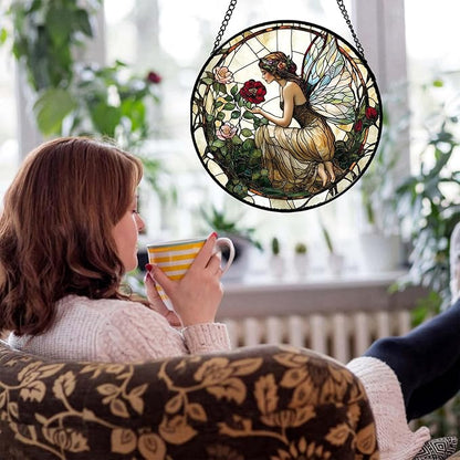 Stained Glass Window Hanging - Butterfly Flower Fairy Suncatcher for Door Terrace Garden Home Decor Yellow Green Plants Sun Catcher Birthday Gifts for Lovers Women Men Dad Mom Nana 11.8 in