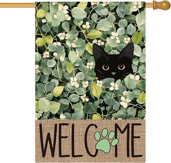 AVOIN colorlife Spring Summer Floral House Flag 28x40 Inch Double Sided Outside, Eucalyptus Black Cat Welcome Seasonal Yard Outdoor Flag