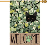 AVOIN colorlife Spring Summer Floral House Flag 28x40 Inch Double Sided Outside, Eucalyptus Black Cat Welcome Seasonal Yard Outdoor Flag