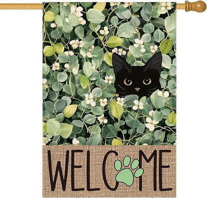 AVOIN colorlife Spring Summer Floral House Flag 28x40 Inch Double Sided Outside, Eucalyptus Black Cat Welcome Seasonal Yard Outdoor Flag