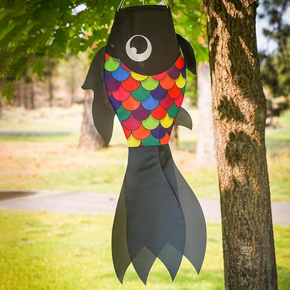 In the Breeze 5225 — 30-inch Black & Rainbow Damsel Fish — Colorful Fishsock Hanging Garden Decor with Detailed Printed Graphics