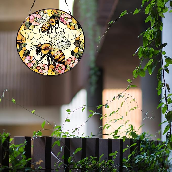 Bee Wildflower Stained Glass Window Hanging Bee Sun Catcher Honeybee Gifts for Women Christmas Suncatchers for Garden Home Windows Hanging Decoration, 7.87inch