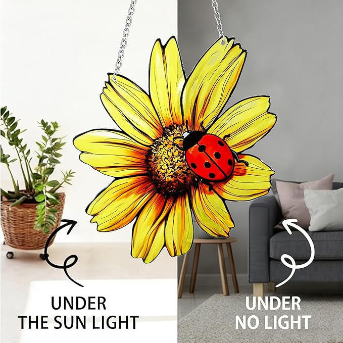Sunflower and Ladybug Stained Glass, Sunflower Suncatcher for Window, Hanging Suncatcher for Grandma/Mom/Women