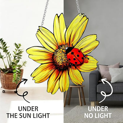 Sunflower and Ladybug Stained Glass, Sunflower Suncatcher for Window, Hanging Suncatcher for Grandma/Mom/Women