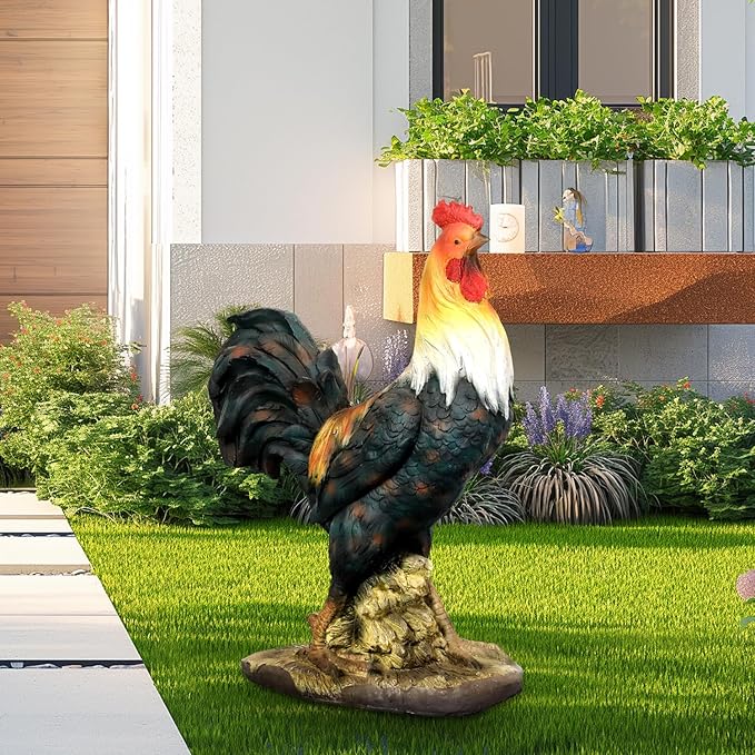 22.4" H Rooster Garden Statue – Garden Decor with Realistic Detail Chicken Sculpture, Standing Rooster Garden Ornament for Decor