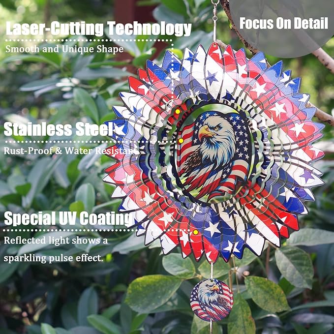 Sunflower American Flag Eagle Patriotic Wind Spinners Outdoor for Yard and Garden,12 Inch 3D Stainless Steel Metal Hanging Kinetic Wind Sculpture, Independence Day Decor Indoor Ar