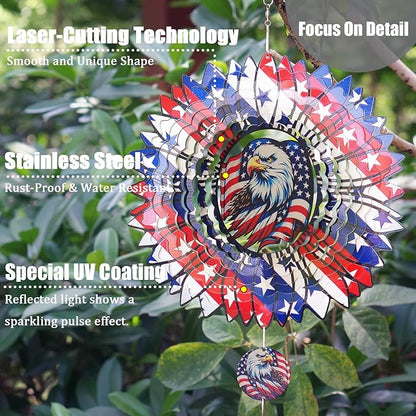 Sunflower American Flag Eagle Patriotic Wind Spinners Outdoor for Yard and Garden,12 Inch 3D Stainless Steel Metal Hanging Kinetic Wind Sculpture, Independence Day Decor Indoor Ar