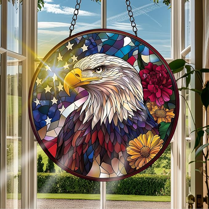 VAIIEYO Eagle Sun Catcher Stained Glass Window Hanging Ornament, Handmade Bird Sun Catcher Animal Decoration with Hooks for Window Garden Home, Mother's Day & Birthday Housewarming Gift (7.8 inch)