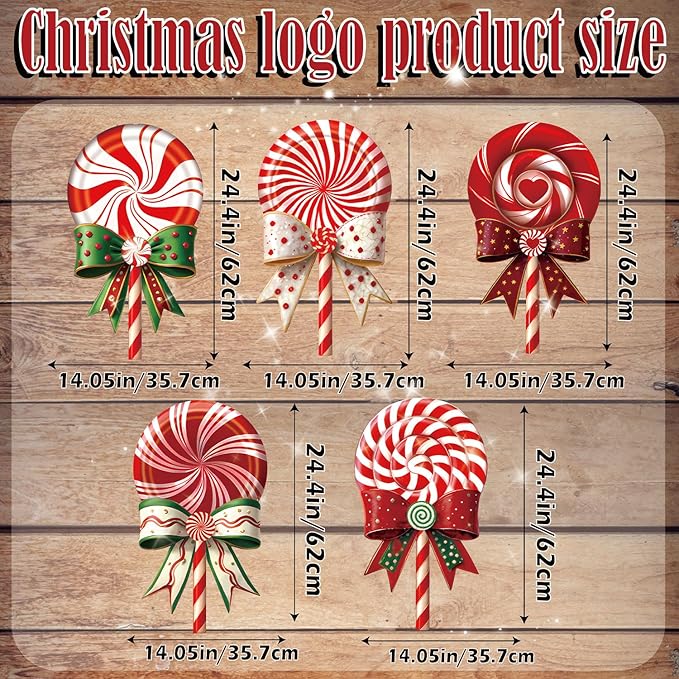 Outdoor Christmas Decorations Jumbo 24 Inch Lollipop Yard Signs 5ct with 20 Stakes 10 Fiberglass and 10 Metal Waterproof Holiday Christmas Decorations for and Garden Waterproof