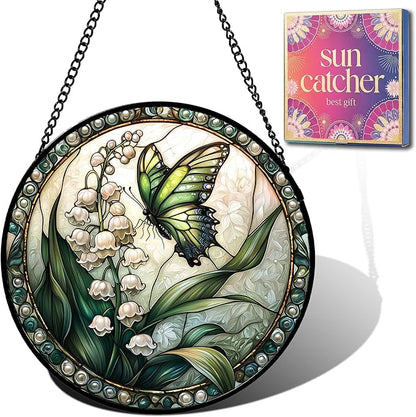 Butterfly Gifts for Mom - Lily of the Valley Faux Stained Glass Window Hanging Sun Catcher for Door Garden Acrylic Decor Mother's Day Christmas May Gift for Women Nana Grandma Sisters Wife 7.8"