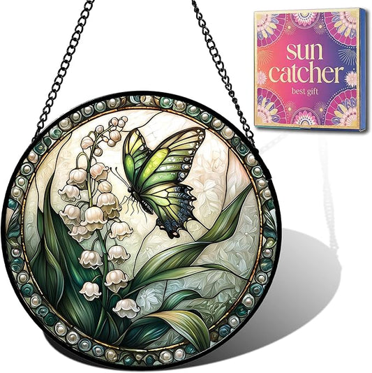 Butterfly Gifts for Mom - Lily of the Valley Faux Stained Glass Window Hanging Sun Catcher for Door Garden Acrylic Decor Mother's Day Christmas May Gift for Women Nana Grandma Sisters Wife 7.8"