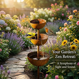 Rain Catcher & Plant Support Metal Garden Ornament, 3-Tiered Garden Stake with Water Bowls, Bird Bath & Bee Watering Station for Outdoor Yard, Patio, Lawn Art Decor (3PCS)