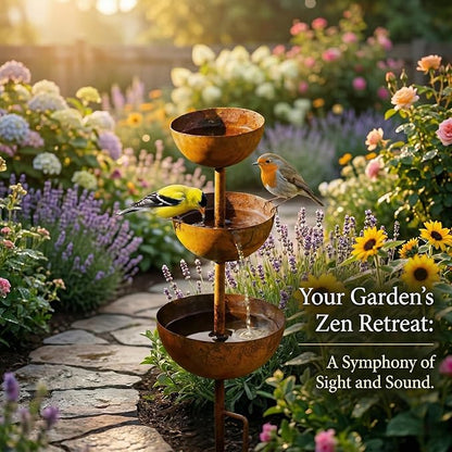 Rain Catcher & Plant Support Metal Garden Ornament, 3-Tiered Garden Stake with Water Bowls, Bird Bath & Bee Watering Station for Outdoor Yard, Patio, Lawn Art Decor (3PCS)