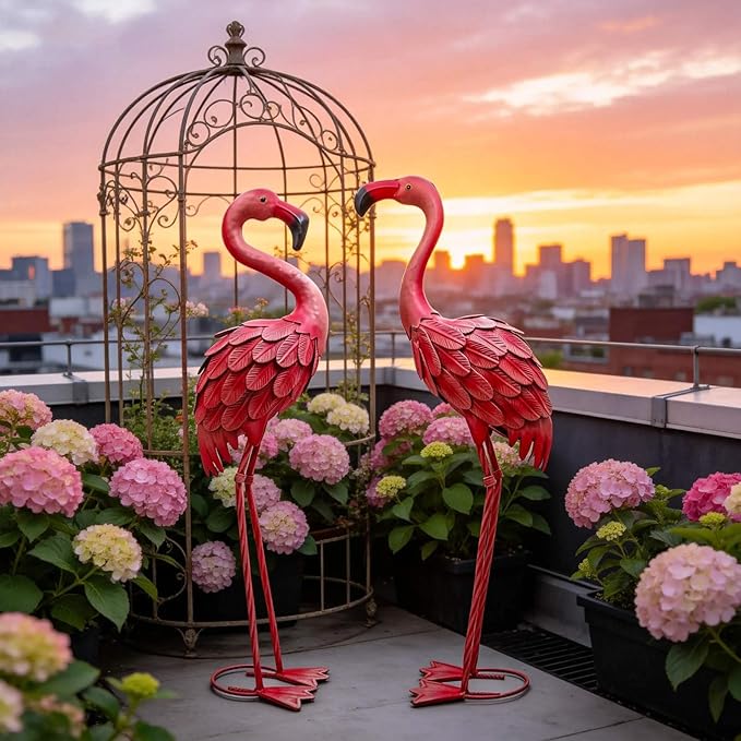 YOUKI Metal Yard Art Flamingo Decor Pink Flamingos for Yard Garden Statues Red Flamingo Yard Art Outdoor Sculptures for Outside Home Patio Lawn Ornaments Backyard Decor, Set of 2