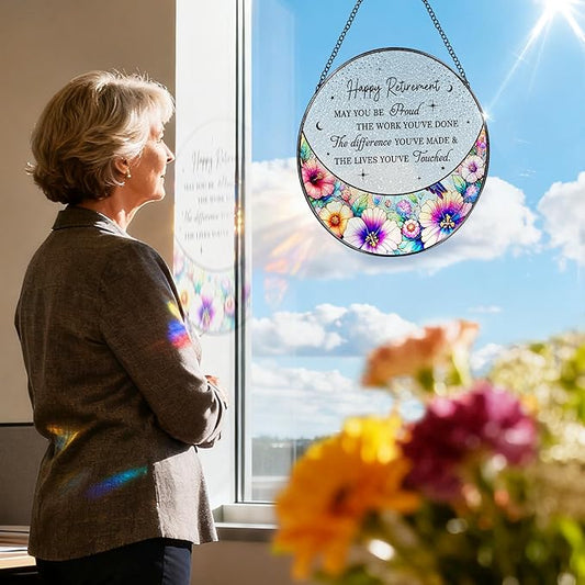 8” Stained Glass Suncatcher Ornament – Floral Retirement Window Hanging Decorations, Retirement Gifts & Retired Gifts for Women, Men, Friends, Coworkers, Teachers - Style C