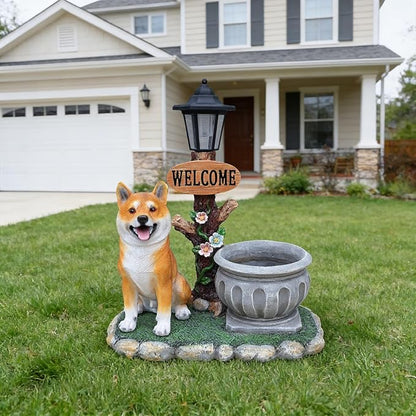 20" Solar Akita Garden Statue with Welcome Sign & Planter - Large Dog Sculpture with LED Street Lantern - Weatherproof Resin Decorative Flower Pot for Porch, Yard & Patio - Pet Lover Gift
