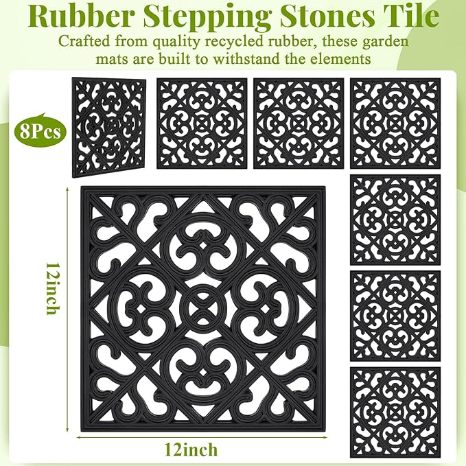 Pangda 8 Pcs Rubber Stepping Stones Outdoor Garden Walkway, 12 x 12 Inch Heavy Duty Pathway Pavers Retro Decorative Stepping Stones for Outside Landscaping Yard Lawn Path(Black,Cross Square)