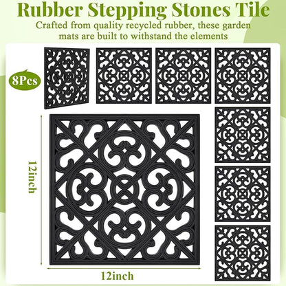 Pangda 8 Pcs Rubber Stepping Stones Outdoor Garden Walkway, 12 x 12 Inch Heavy Duty Pathway Pavers Retro Decorative Stepping Stones for Outside Landscaping Yard Lawn Path(Black,Cross Square)