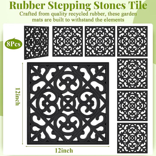 Pangda 8 Pcs Rubber Stepping Stones Outdoor Garden Walkway, 12 x 12 Inch Heavy Duty Pathway Pavers Retro Decorative Stepping Stones for Outside Landscaping Yard Lawn Path(Black,Cross Square)