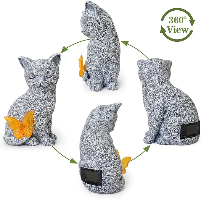 Solar Cat Statue Garden Decor with Butterfly Light, Outdoor Decor Statues Yard Art Decorations Lawn Porch Patio Balcony, Gardening Gifts Birthday Choice for Cat Lover Women, Mom, Grandma
