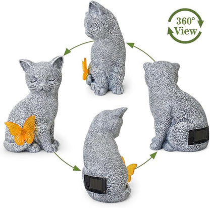 Solar Cat Statue Garden Decor with Butterfly Light, Outdoor Decor Statues Yard Art Decorations Lawn Porch Patio Balcony, Gardening Gifts Birthday Choice for Cat Lover Women, Mom, Grandma