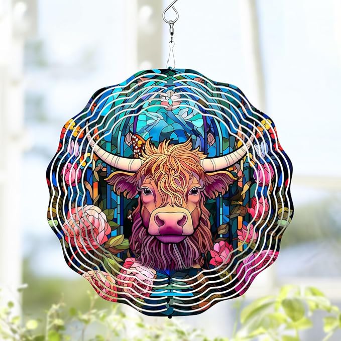 Highland Cow Wind Spinner, Highland Cow Stained Glass Wind Spinner, Wind Sculpture Highland Cow Wind Spinners for Garden Patio Yard Decor