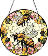 Bee Wildflower Stained Glass Window Hanging Bee Sun Catcher Honeybee Gifts for Women Christmas Suncatchers for Garden Home Windows Hanging Decoration, 7.87inch