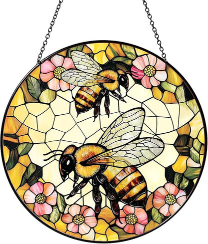Bee Wildflower Stained Glass Window Hanging Bee Sun Catcher Honeybee Gifts for Women Christmas Suncatchers for Garden Home Windows Hanging Decoration, 7.87inch