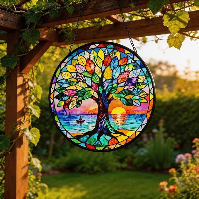 Stained Glass Tree of Life Suncatcher, Handmade Rainbow Maker Window Hanging for Garden or Home – Memorial & Sympathy Gifts, Remembrance Gift for Women Mom Family, Whimsical Decor (Colorful, Medium)