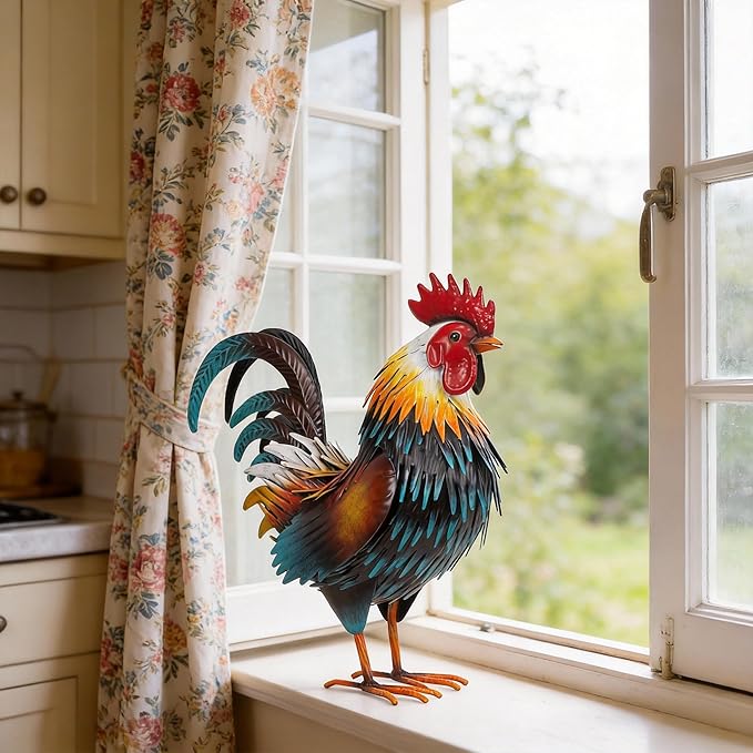 Ratuor Rooster Garden Statue Sculpture Metal Chicken Yard Decor Outdoor Figurines Patio Backyard Decoration (Yellow)
