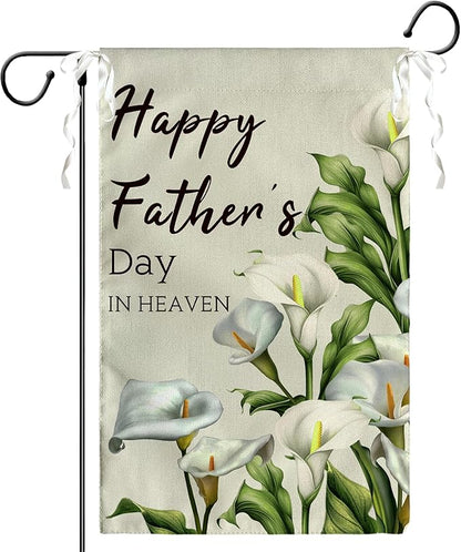 Happy Fathers Day in Heaven Garden Flag Calla Lily Floral Burlap Yard Flags Family Dad Daddy Remembrance House Banner Grave Cemetery Garden Flags for Outdoor Decorations 12 X 18 Inches