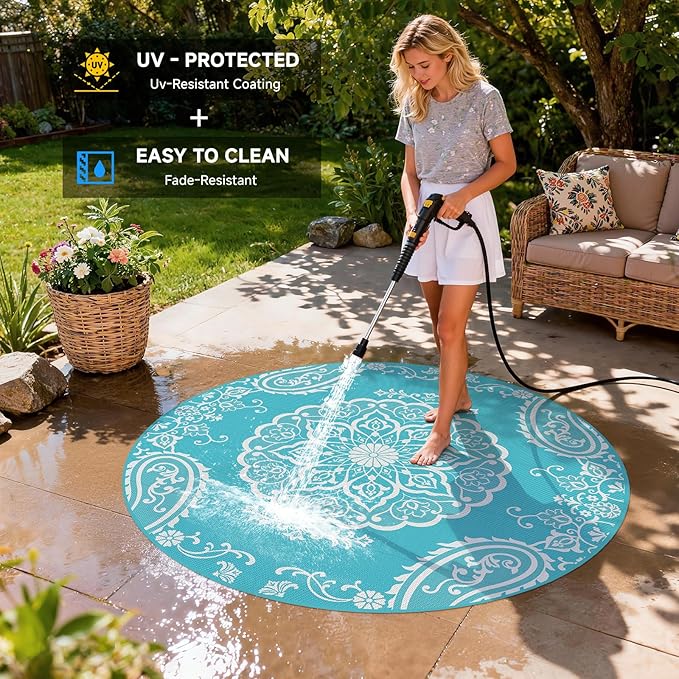 Pauwer Waterproof Outdoor Rug 6ft, Reversible Plastic Straw Patio Camping Rug, Indoor Outdoor RV Mat Carpet for Deck, Camper, Porch, Balcony, Backyard, Picnic, Boho Teal