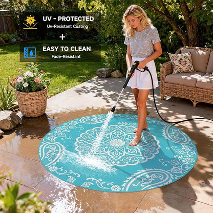 Pauwer Waterproof Outdoor Rug 6ft, Reversible Plastic Straw Patio Camping Rug, Indoor Outdoor RV Mat Carpet for Deck, Camper, Porch, Balcony, Backyard, Picnic, Boho Teal