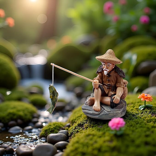 Mini Fisherman Figurines Resin Sitting Fishing Men, Garden Statue Ornament Fish Tank Micro Landscape Decor Garden Sculptures and Statues, Decorations