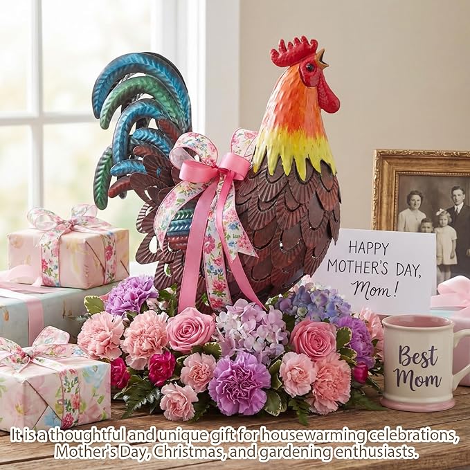 Zhengmy Metal Rooster Garden Statue Lifelike Colorful Metal Rooster Yard Decor Hand-Painted Iron Chicken Sculpture for Patio Lawn Backyard Farmhouse Outdoor Indoor Decoration(Reddish Brown)