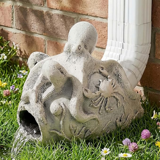 Real Octopus Gutter Downspout Extender Statue, Garden Ornament, Fish Decorative Gutter Extension Downspout, Perfect Rain Diverter for 3"x4" Downspouts, Eco-Friendly Resin, Outdoor Decor Gift
