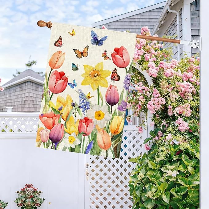 Baccessor Spring Easter Tulip House Flag Double Sided 28x40 Inch Burlap,Daffodil Floral Butterflies Large Garden Flag Porch Patio Front Entry Yard Seasonal Farmhouse Outside Outdoor Decor