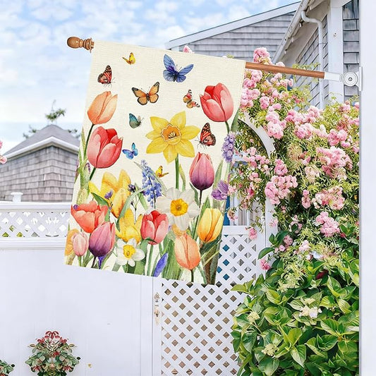 Baccessor Spring Easter Tulip House Flag Double Sided 28x40 Inch Burlap,Daffodil Floral Butterflies Large Garden Flag Porch Patio Front Entry Yard Seasonal Farmhouse Outside Outdoor Decor