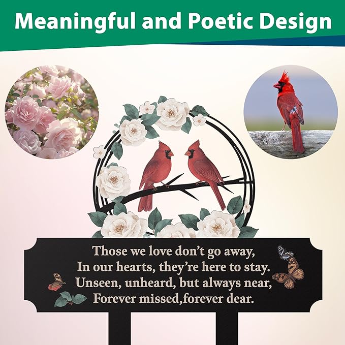 Cemetery Decorations for Grave, Grave Markers for Cemetery for Humans with Cardinal & Memorial Flowers Decor, Metal Memorial Plaques for Outdoors, Gravesite Decorations as Sympathy Gifts