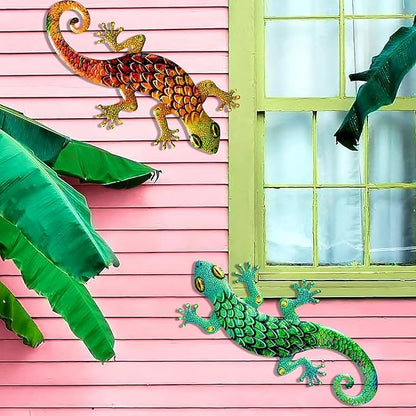 Pipilily 2 Pack Metal Gecko Wall Art, Metal Lizard Indoor Outdoor Hanging Sculpture Decor for Garden Yard Living Room Bedroom Patio Balcony (Style 3)