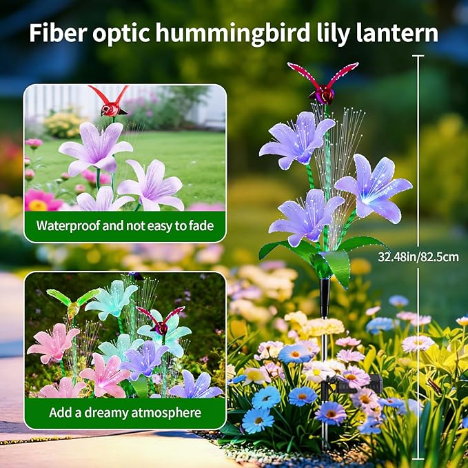 Solar Lights Outdoor Decorative, Upgraded 3 Pack Flowers with 7 Color Changing Lilies and 3 Hummingbird, Brighter Waterproof Garden Decor for Yard Lawn Pathway, Mom Women Grandma