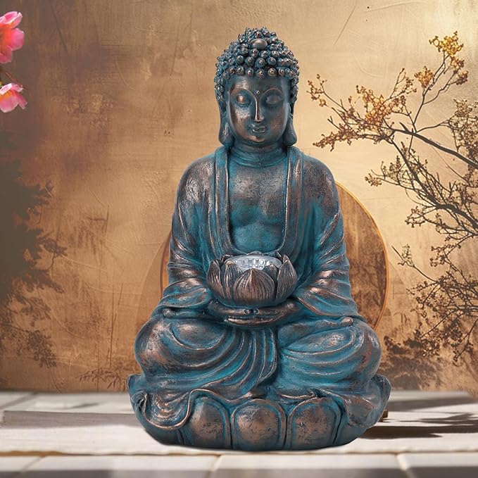 Bshine Solar Buddha Statue Outdoor Lights - 11x6 Inch Waterproof Garden Statue with Lotus, Meditation Zen Spiritual Room Decor for Yard