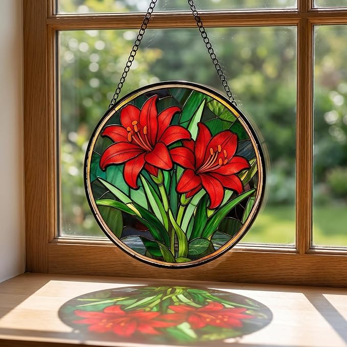Stained Glass Window Hanging Red Lilies Suncatcher 8 Inch, Red Flower Glass Art Romantic Home Decor, Indoor Outdoor Wall Art, Birthday for Women Men