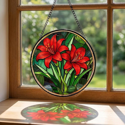 Stained Glass Window Hanging Red Lilies Suncatcher 8 Inch, Red Flower Glass Art Romantic Home Decor, Indoor Outdoor Wall Art, Birthday for Women Men