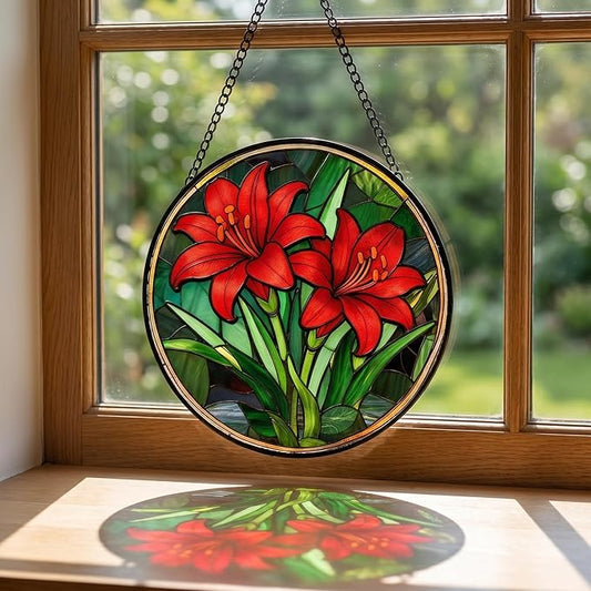 Stained Glass Window Hanging Red Lilies Suncatcher 8 Inch, Red Flower Glass Art Romantic Home Decor, Indoor Outdoor Wall Art, Birthday for Women Men